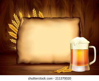 Beer with blank paper on wood background