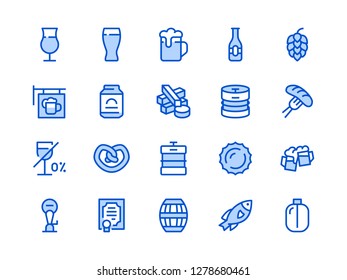 Beer Blue Line Icon. Vector Illustration Flat style. Included Icons as Bar Signboard, Snacks, Non-Alcoholic Drink, Glass, Keg, Bottle and more. Editable Stroke