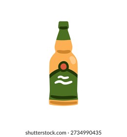 Botella de cerveza con etiqueta abstracta. Bebida alcohólica fría. Cervecería, alcohol, líquido de lúpulo en envases de vidrio. Bebida de bar, cerveza. Ilustración vectorial plana aislada sobre fondo blanco