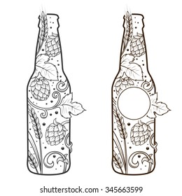 Beer bottle abstract ornament vector illustration. Engraving style
