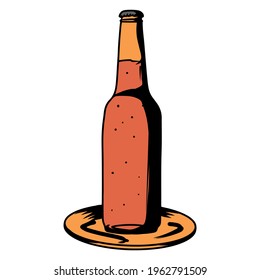 Beer in a bottle. Alcohol. Bar. Alcoholic drink in a glass bottle. Cartoon style. For design and decoration.
