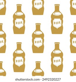 Beer bottle amber gold and white seamless vector pattern background. Hand-drawn alcoholic drinks bottles with beer label backdrop. Retro lettering style geometric repeat for bar, business, brewery