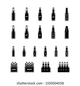 Beer bottle black and white icon set. Vector