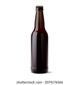 Beer bottle. Brown glass soda drink bottle blank. Alcohol beverage product brand illustration. Cold drink bottle, cider or cola container, black lager single shot tipple. Realistic glassware