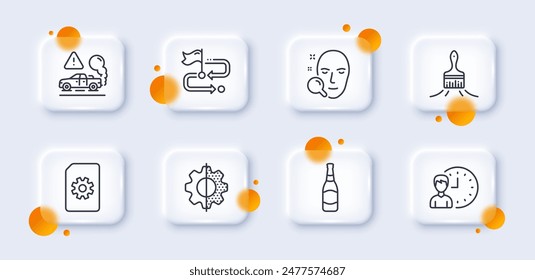 Beer bottle, Brush and Travel path line icons pack. 3d glass buttons with blurred circles. File management, Face search, Working hours web icon. Exhaust, Transform pictogram. Vector