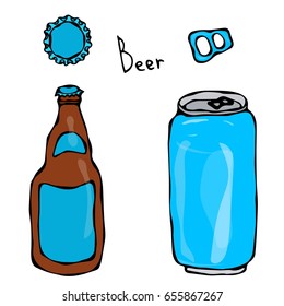 Beer Bottle, Can, Cap and Key. Isolated On a White Background. Realistic Doodle Cartoon Style Hand Drawn Sketch Vector Illustration. Isolated On a White Background.