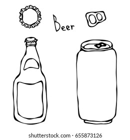 Beer Bottle, Can, Cap and Key. Isolated On a White Background.Hand Drawn Sketch Vector Illustration. Isolated On a White Background. Savoyar Doodle Style.