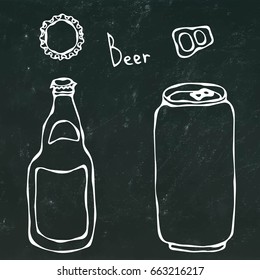 Beer Bottle, Can, Cap And Key. Isolated On A Black Chalkboard Background. Realistic Doodle Cartoon Style Hand Drawn Sketch Vector Illustration.