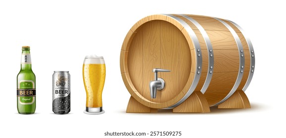 Beer bottle, can, glass and wooden barrel. Realistic isolated on white background elements, alcoholic beverage. Pub or bar cold drinks. Fresh lager drink in different packaging. Vector 3d concept