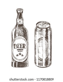 Beer bottle and can isolated on white backdrop, vector illustration of glass and metal containers for alcohol beverage, ale set drawing made by pencil