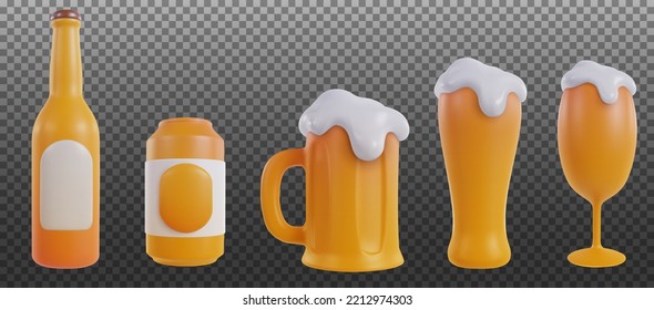 Beer bottle, can, mug and glass in 3d realistic minimal style isolated on transparent background. Set cartoon alcohol drink elements. Vector objects.