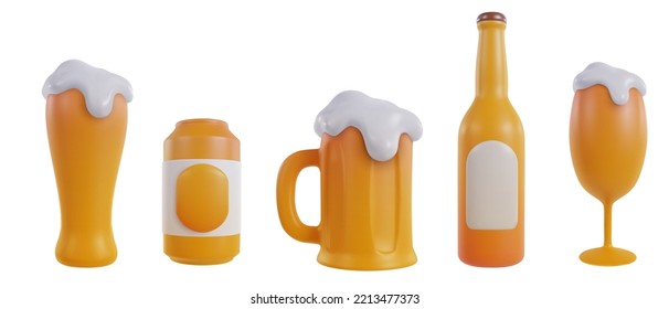 Beer bottle, can, mug and glass in 3d realistic minimal style isolated on white background. Set cartoon alcohol drink elements. Vector objects.