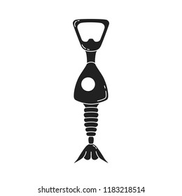 Beer bottle, can opener with fish silhouette. Concept tool. Vector isolated illustration.