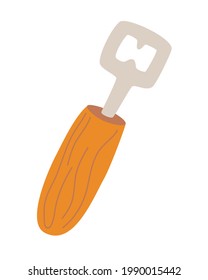 Beer bottle and can openers. Classic shape Wooden Opener for beer. Corkscrew. Vector flat graphic illustration.