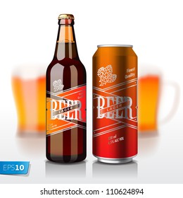 Beer bottle and can, vector Eps10 illustration