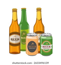 Beer bottle and beer can vector set. Craft or traditional beer clipart. Flat vector in cartoon style isolated on white background.