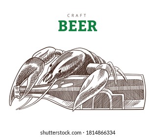 Botella de cerveza y cáncer sentados en una botella. Partida de cerveza artesanal, ilustración vintage de grabado vectorial. Diseño de banderas dibujadas a mano