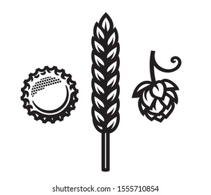 Beer bottle cap, barley or wheat ear and hop cone icons. Design element for beer production, brewery, pub and bar. Vector illustration isolated on white background.