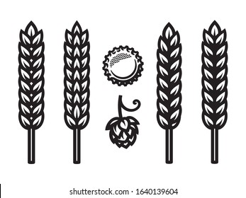 Beer bottle cap, hop cone and ears of wheat, barley or rye icons. Design elements for beer production, brewery, pub and bar. Vector illustration isolated on white background.