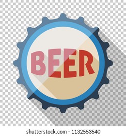 Beer bottle cap icon in flat style with long shadow on transparent background
