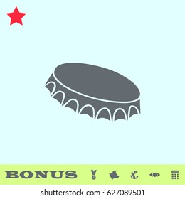 Beer bottle cap icon flat. Grey pictogram on blue background. Vector illustration symbol and bonus buttons medal, cow, earth, eye, calculator