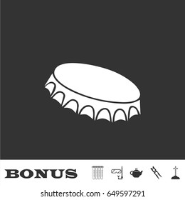 Beer bottle cap icon flat. White pictogram on black background. Vector illustration symbol and bonus icons