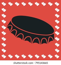 Beer bottle cap icon flat. Simple black pictogram on red background with white hearts for valentines day. Vector illustration symbol