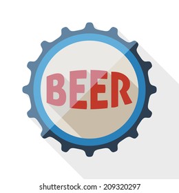 Beer bottle cap icon with long shadow on white background