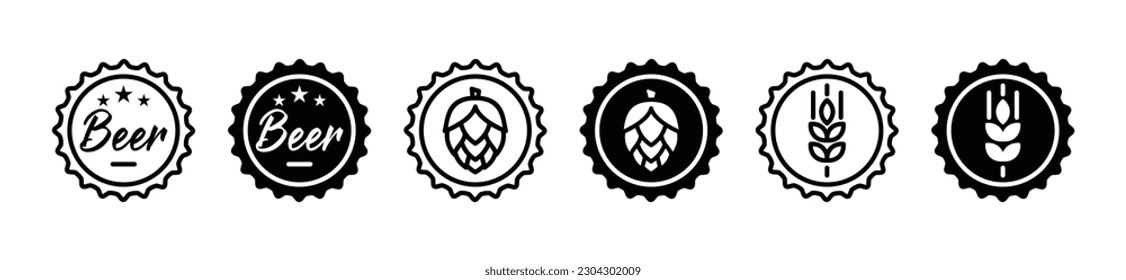 Beer bottle cap icon with wheat or grain, and hop symbol vector in thin line and flat style with editable stroke on white background. Vector illustration