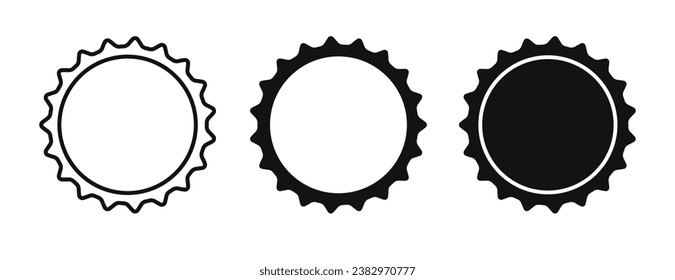 Beer bottle cap icons. Blank label in the shape of aluminum bottle cap. Top view. Soda or beer metal lid. Black and white flat icon. Vector illustration isolated on white background.