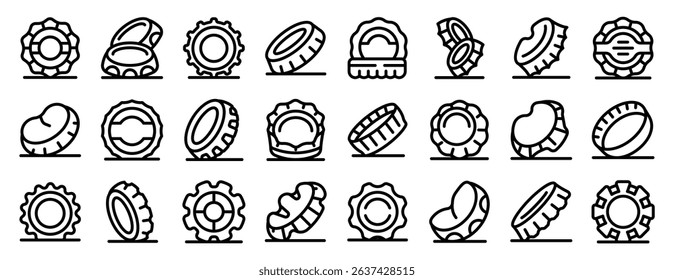  Beer bottle cap icons set. Various bottle caps are presented from different perspectives, highlighting their diverse shapes and functionalities