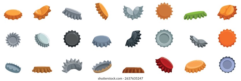  Beer bottle cap icons set. Collection of bottle caps in various colors and angles, showcasing their versatility and design