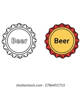 Beer bottle cap illustration featuring beverage branding brewery and alcohol drink concepts with outline and colored versions in flat vector style