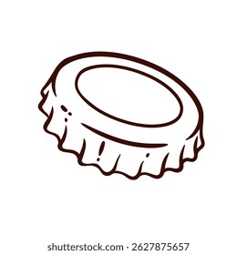 Beer bottle cap line icon. Outline hand drawn vintage metal lid with silver crown and circle inside, glossy blank cover of glass bottle with drink. Bar mascot, icon vector illustration