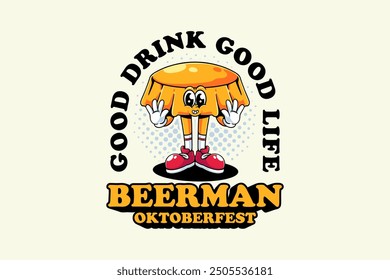 beer bottle cap retro cartoon funny character vector illustration with waving both hands for brewery, food and beverage mascots and sticker and apparel design elements 