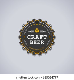 Beer bottle cap shaped badge with CRAFT BEER text  and hop sign vector illustration