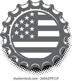 Beer bottle cap usa flag. Metal cork from beer bottle. Black lid bottle of drink with halftone dots shadow.
 