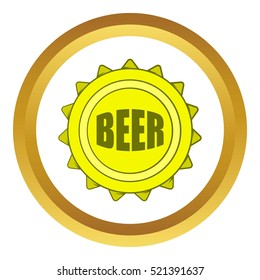 Beer bottle cap vector icon in golden circle, cartoon style isolated on white background