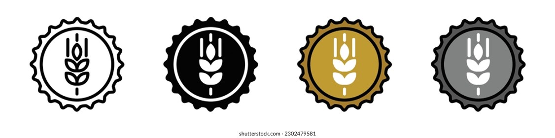 Beer bottle cap with wheat or grain icon vector in thin line, flat, and color style with editable stroke on white background. Vector illustration