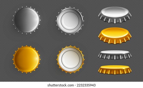 Tapones para botellas de cerveza, tapas de oro y plata para recipientes de vidrio superior, inferior y frontal. Fundas realistas ambientadas para bebida alcohólica, limonada, bebida soda 3d ilustración vectorial, se burlan de la publicidad