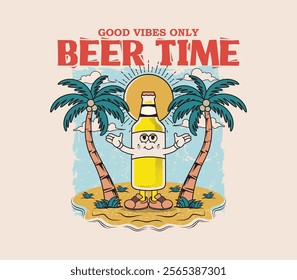 Beer bottle cartoon character with summer vibes design, perfect for graphic tees, t-shirts, posters, stickers, merchandise, and more. Retro cartoon style, vector illustration