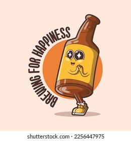 Beer Bottle character is being positive vector illustration. Drink, funny, brand design concept.