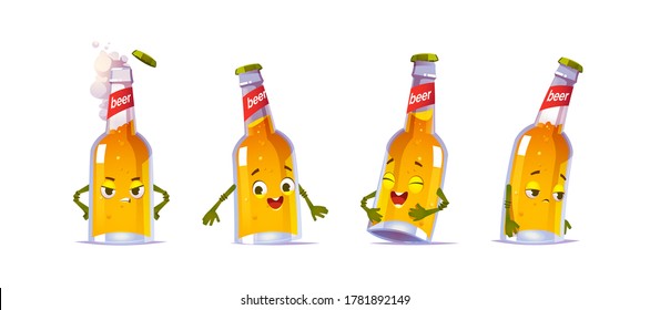 Beer bottle character, kawai funny glass flask with yellow liquid alcohol drink and cute face express happy and sad emotions. design elements isolated on white background. Cartoon vector icons set