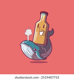 A Beer bottle Character is riding a Whale vector illustration. Fantasy, drinks design concept.