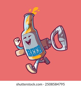 Um caractere de garrafa de cerveja executando ilustração vetorial. Beba, marca, conceito de design de mascote.