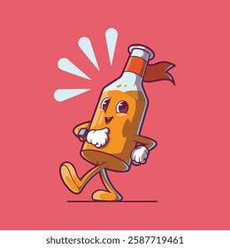 A Beer Bottle Character walking and smiling vector illustration. Mascot, drink design concept.