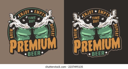 Beer bottle cheers with foam splash for craft label or print. Brew emblem or premium beer logo for bar, pub or brewery shop.