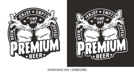 Beer bottle cheers with foam splash for craft label or print. Monochrome brew emblem or premium beer logo for bar, pub or brewery shop.