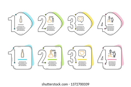 Beer bottle, Chemistry lab and Heart icons simple set. Fireworks sign. Brewery, Medical laboratory, Like rating. Party pyrotechnic. Infographic timeline. Line beer bottle icon. 4 options or steps