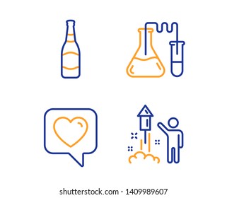 Beer bottle, Chemistry lab and Heart icons simple set. Fireworks sign. Brewery, Medical laboratory, Like rating. Party pyrotechnic. Linear beer bottle icon. Colorful design set. Vector